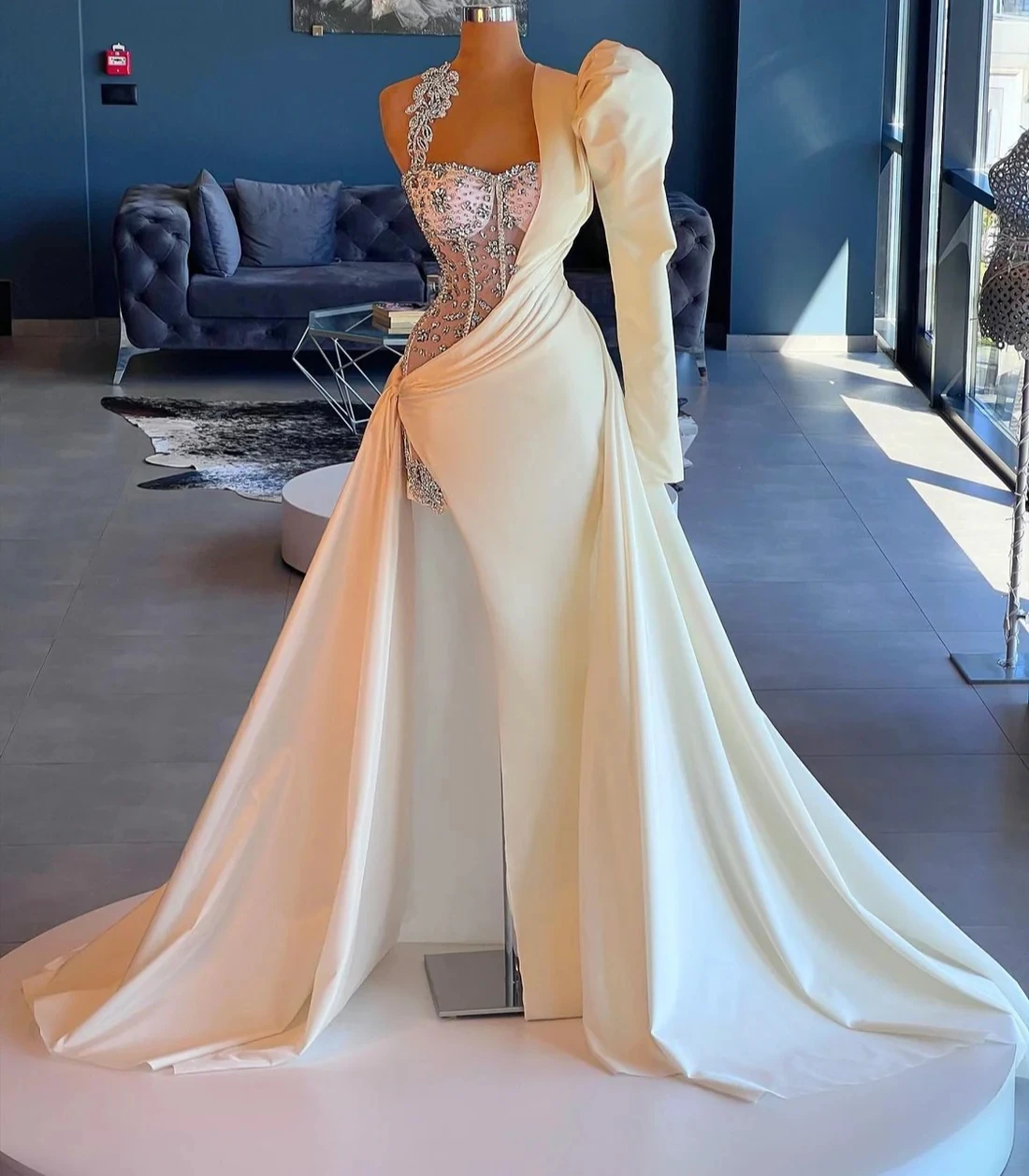 

Haute Couture Prom Dresses A-line One-shoulder Long Sleeves Beaded Slit Saudi Arabia Dubai Robe De Soiree Evening Dress Gown