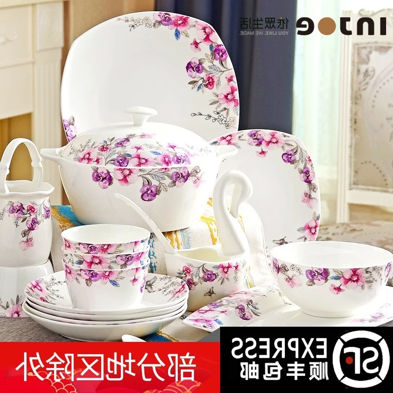 

Chinese Household Bone Porcelain Tableware Set Bowl Plate Simple Korean Ceramics porselen yemek takimlari dinner set dinnerware