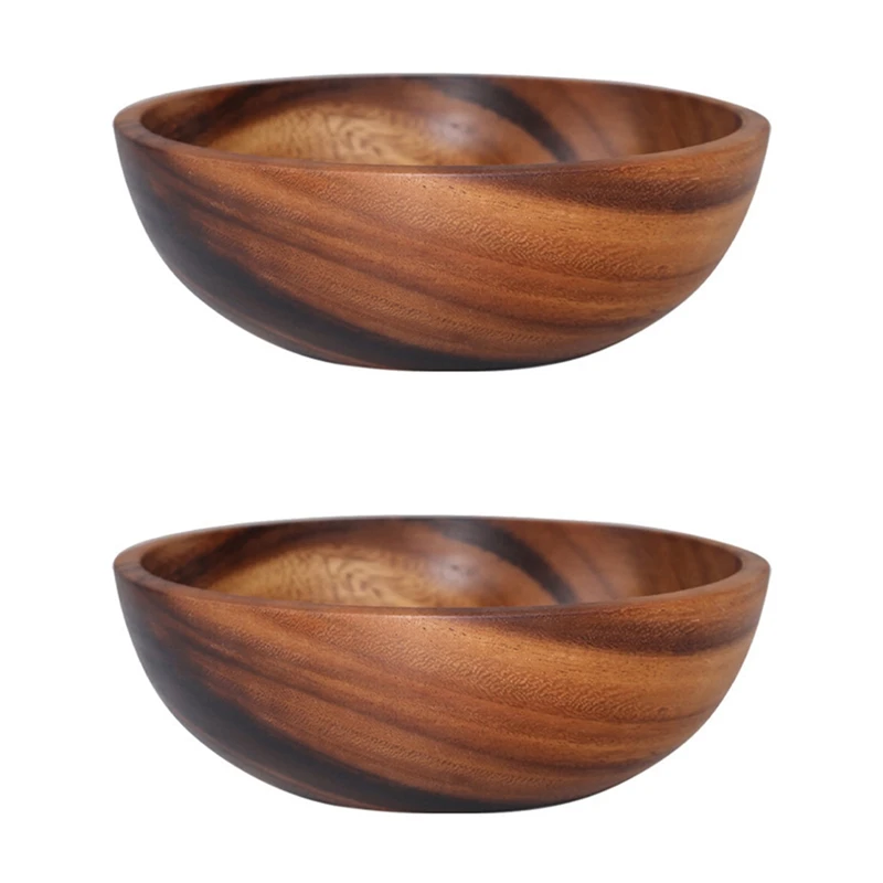 

Promotion! 2X Natural Hand-Made Wooden Salad Bowl Classic Large Round Salad Soup Dining Bowl Plates Wood Kitchen Utensils
