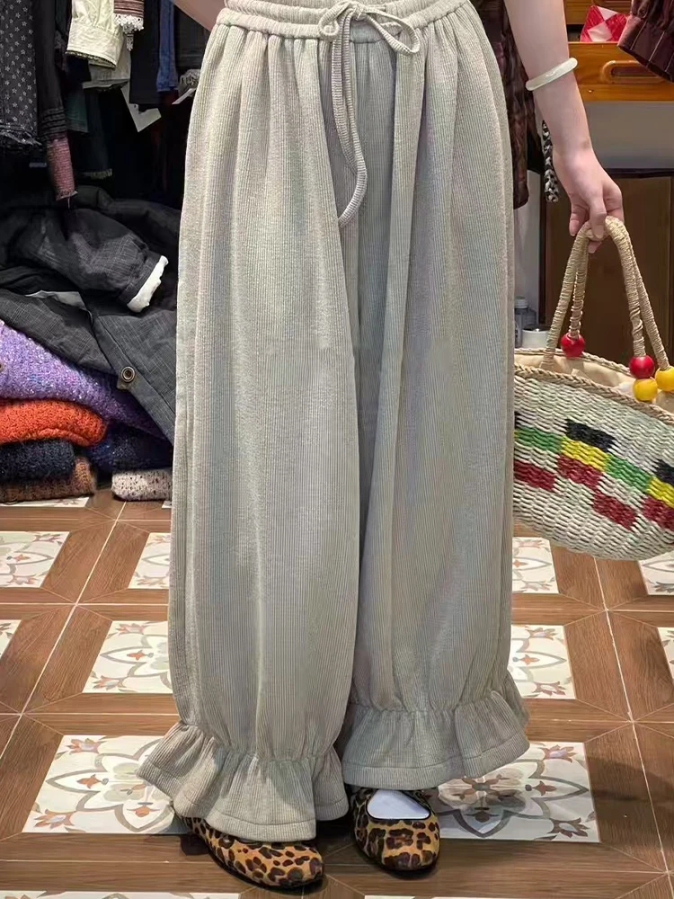 Plus Size Fleece-lined 2024 Winter Japan fashion Retro Wooden Ear Bud-Shaped Pants Women Artistic Casual Loose Meat Covering ...