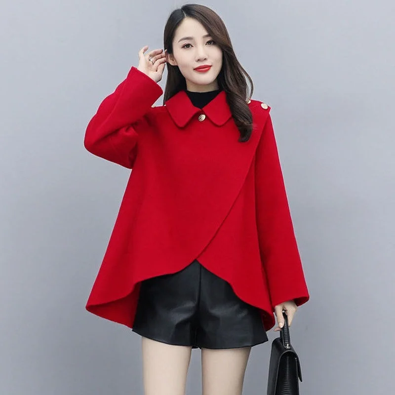 

Женское пончо на плечах, короткая накидка, пальто с длинным рукавом, шаль, кардиган, зимний однотонный модный шерстяной кардиган в Корейском...