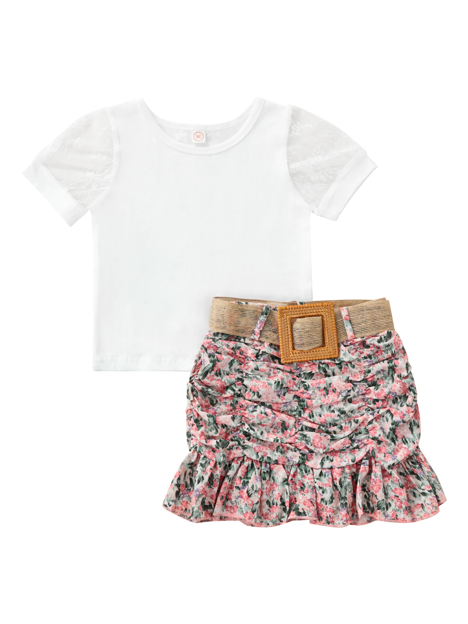 

Летний комплект с юбкой для маленьких девочек, кружевная футболка с коротким рукавом, топы, цветочные аксессуары, 3 предмета, наряды, детская одежда
