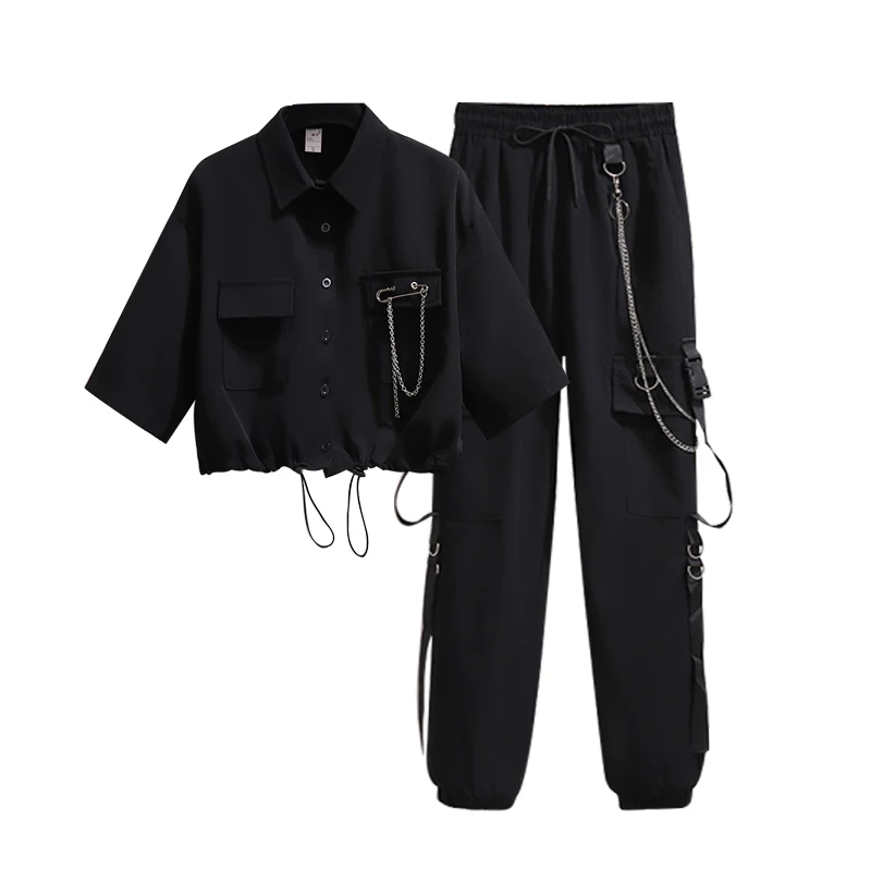 

Summer Streetwear Cargo Set Women High Waist Chain Buckle Ribbon Cargo Pants + Black Short Shirt Harajuku Cool Girl Two Piece