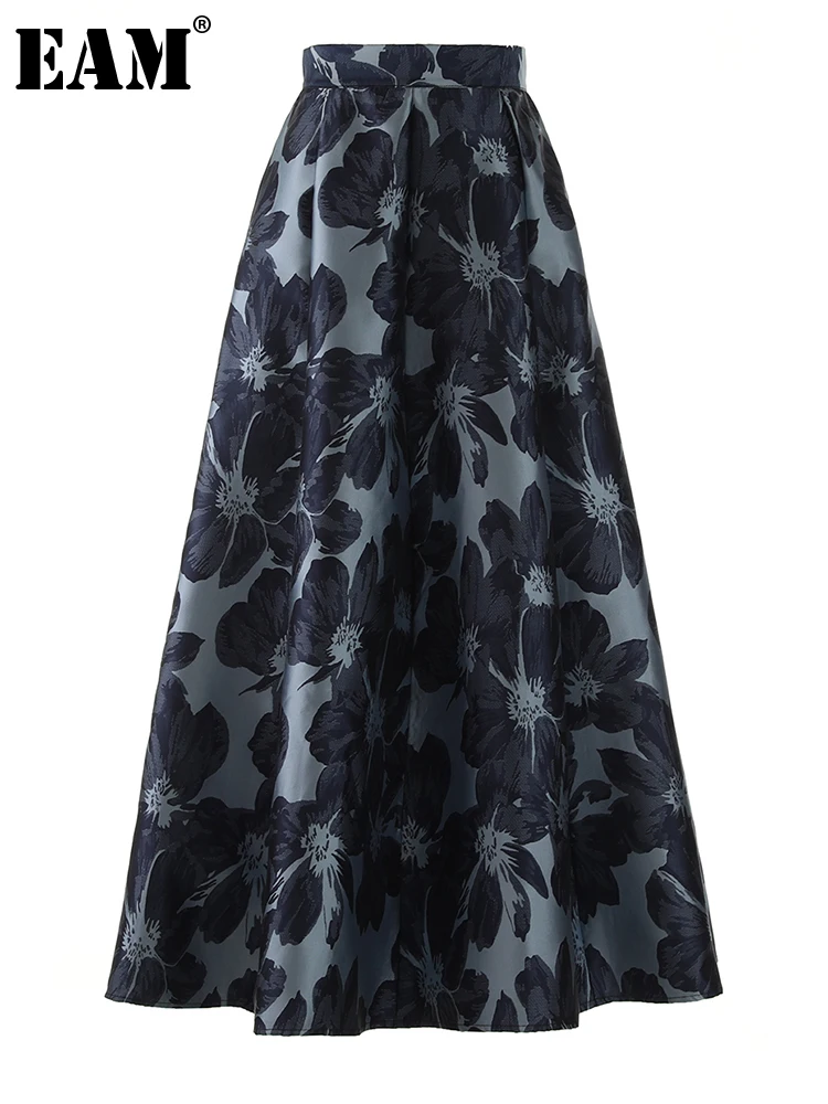 

[EAM] High Waist Gray Blue Jacquard Elegant Long Party A-line Half-body Skirt Women Fashion Tide New Spring Autumn 2023 1DF7280
