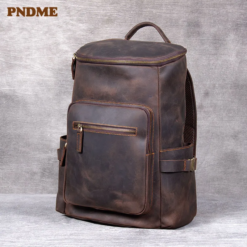 Vintage genuine leather men's large-capacity bucket backpack high-quality crazy horse cowhide outdoor travel weekend schoolbag