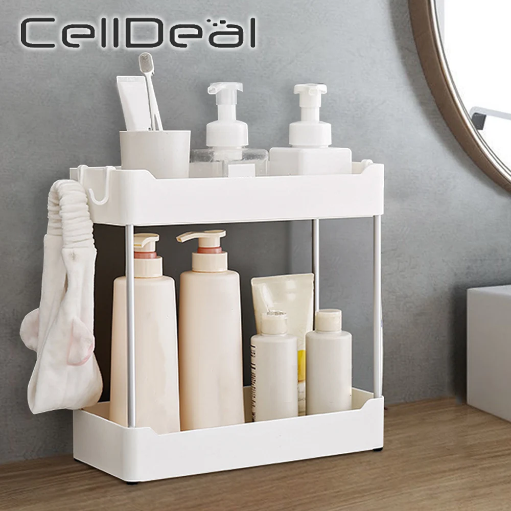 

Under Sink Storage Organizer with Hooks 2 Tier Multipurpose Cabinet Shelf Storage Rack Bathroom Kitchen Organizer Home Supplies
