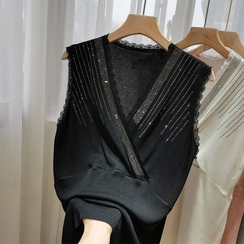 

Rhinestones Chic V-neck Sexy Lace Ice Silk Knitted Vest Women's Summer Bottoming Sleeveless Fashion Tank Top