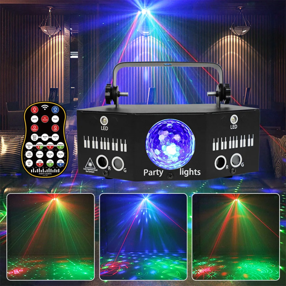 

DJ Disco Stage Party Sound Activated RGB Laser Beam Line Scanner Projector LED Magic Ball DMX Remote Strobe Stage Lighting Effec