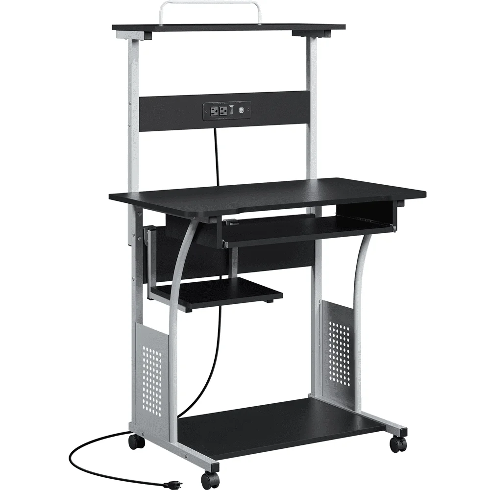 

3 Tiers Computer Desk with Charging Station Printer Shelf for Home Office, Black Laptop Table Computer Desk Stand Ho