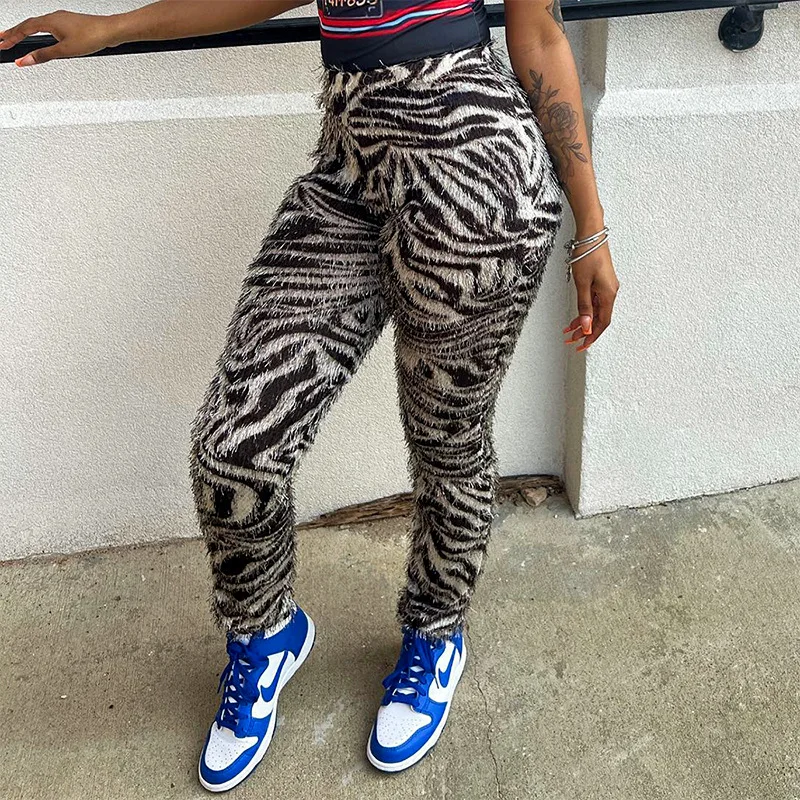 

Autumn Winter Women Elastic High Waist Slim Casual Trousers All Match Streetwear Bottom Zebra Striped Furry Knitted Pencil Pants