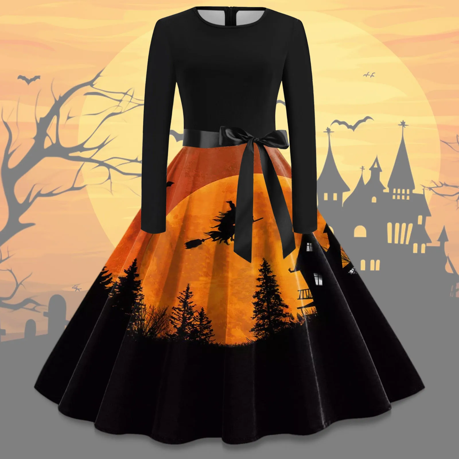 

2023 Autumn Gothic Halloween Costume for Women Vintage Dress Props Print Long Sleeve Cosplay Party Dresses Vestidos Para Mujer