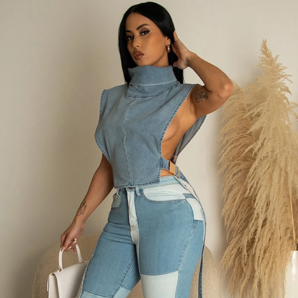 

Женская одежда 2023 Новинка джинсовый жилет ворсовый воротник без рукавов рабочая одежда короткий синий Камуфляжный жилет женский топ на лето