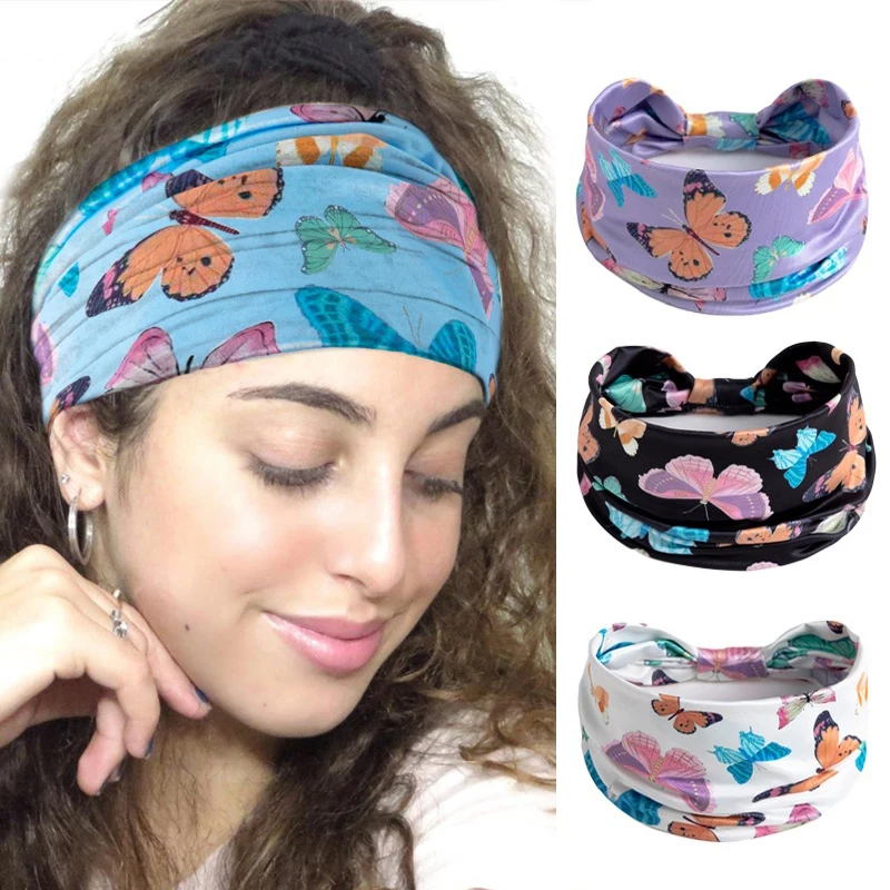 

2023 Hot Sell Butterfly Flower Headband Women Running Bandanas Girls Hair Band Elastic Headwrap Floral Yoga Sweatband Hairbands