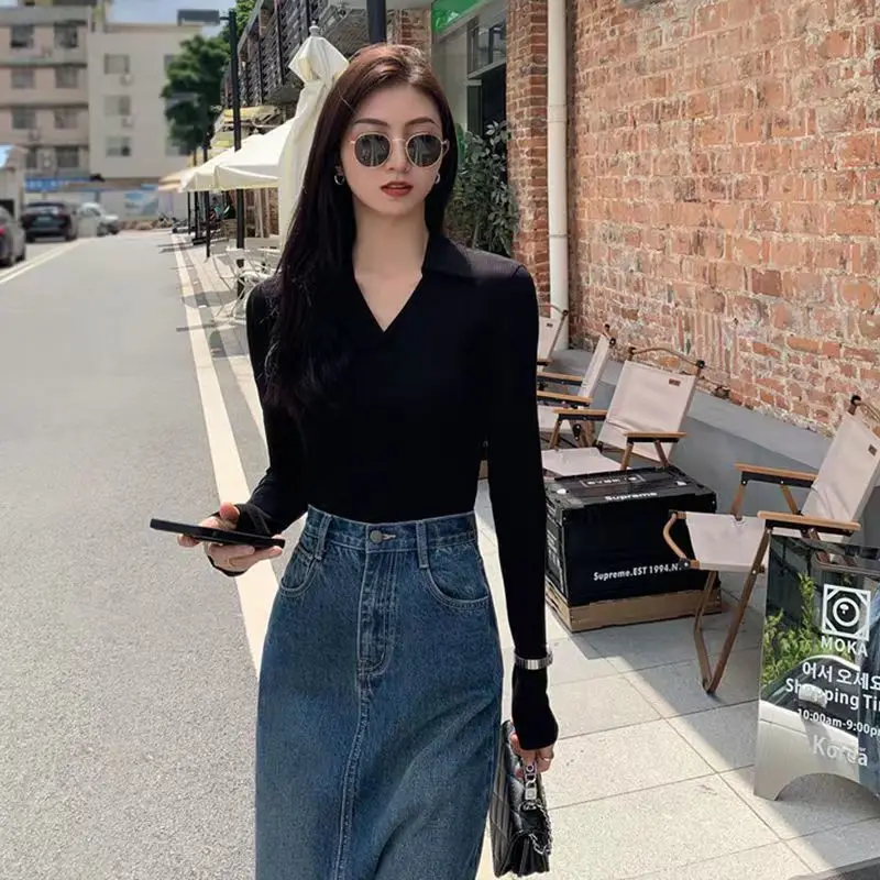 

Clothes V Neck Tshirts Plain Slim Women's T Shirts Black Female Tops White Alt Beautiful Korean 2023 Fashion Korea Tees Stylish