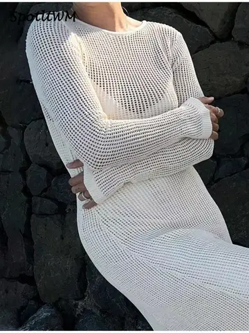 Cotton Knit Hollow Long-sleeved Dresses Women's Solid Perspective Swimsuits Long Blouse Summer Beach Vacation Wrap Buttock Dress