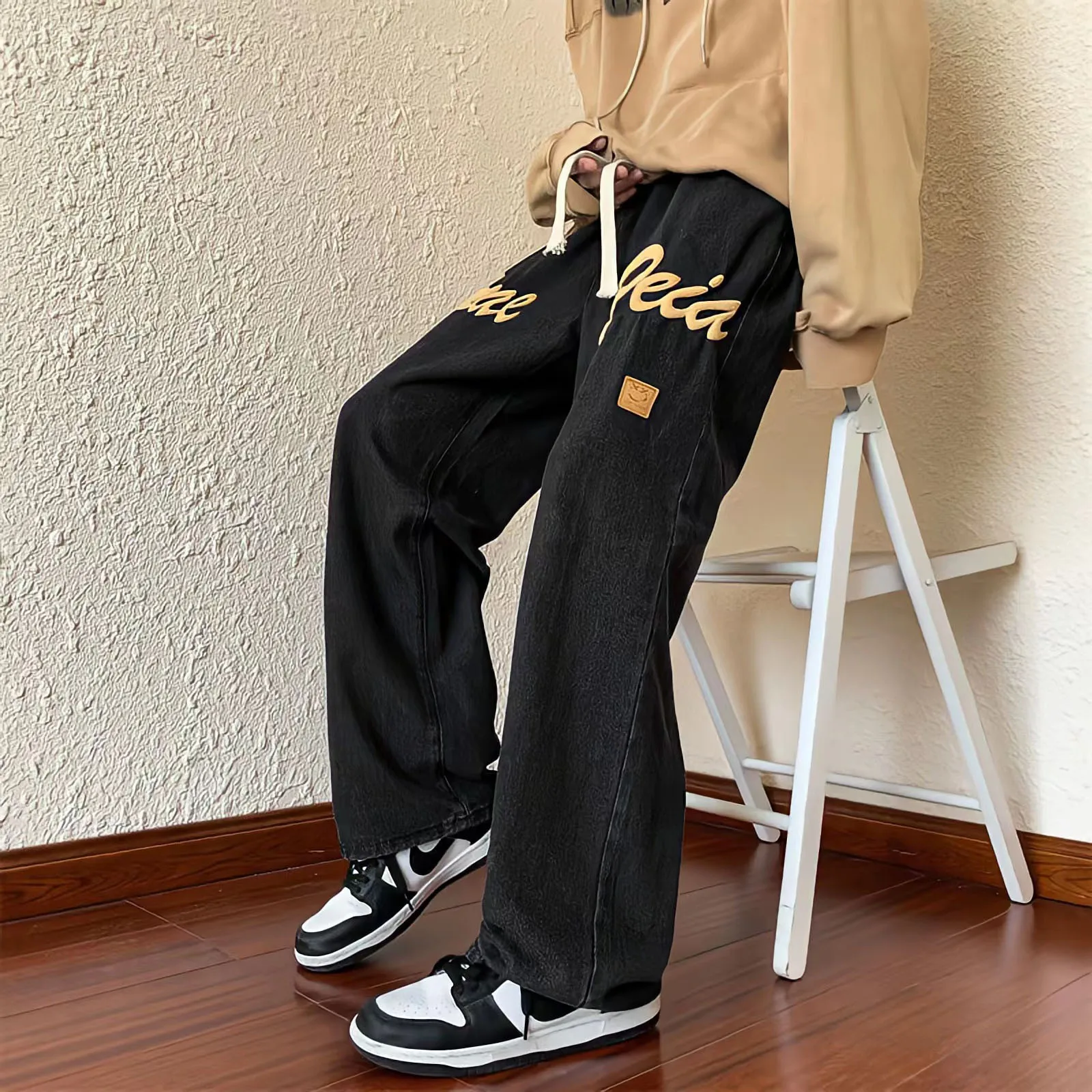 Korean Fashion Baggy Jeans Man Black Straight Pants Streetwear Hip Hop Letter Foaming Printing Oversized Casual Denim Trousers