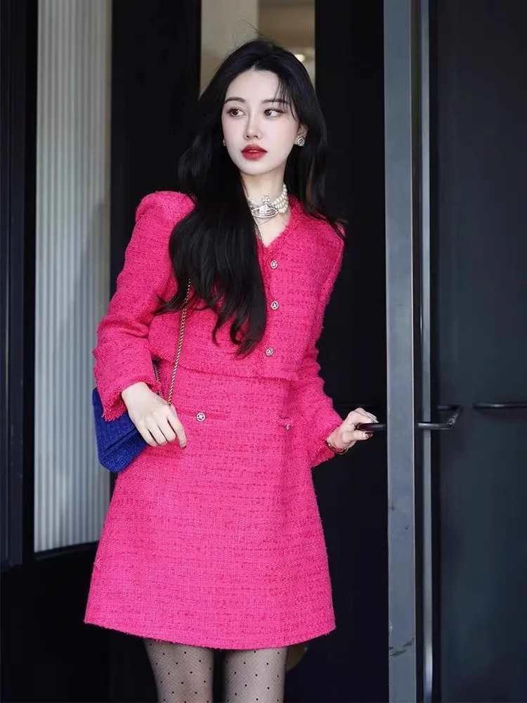 Plus Size Small Dress Socialite Temperament Women clothes High Sense High end Exquisite Rose Red Fake Two Pieces Graceful Dre...