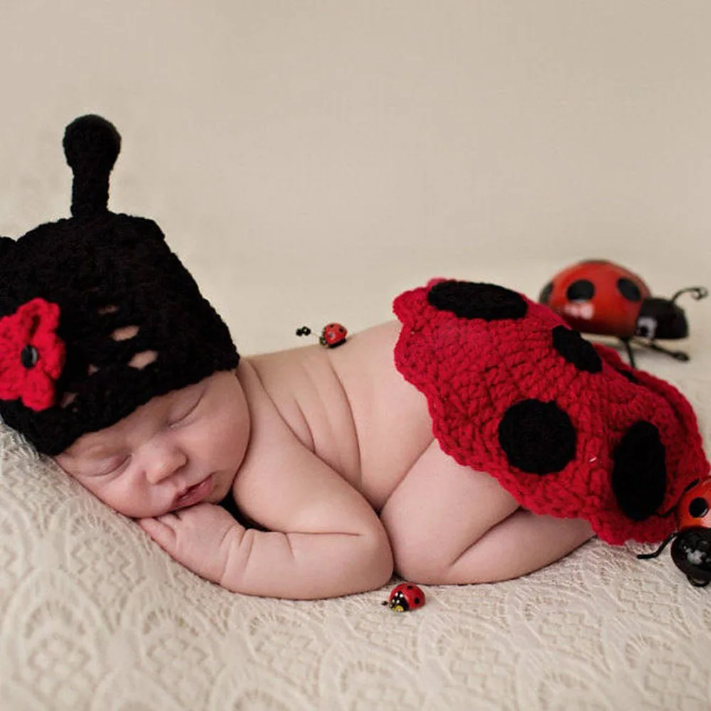

Children's Photography Props Ladybug Handmade Baby Knitted Cartoon Hat Photo Clothing Newborn Full Moon Hundred Days Shooting