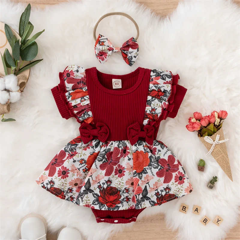 Hot Sale Baby Girl Clothes Summer Kids Newborn Bodysuits Dress Flower Bow Patchwork Infant Bebe Rompers Jumpsuits With Headbands