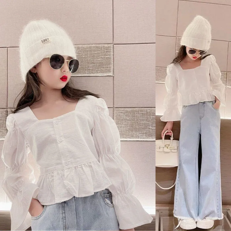 Летний костюм для девочек новинка 2024 Корейская версия детские джинсовые широкие