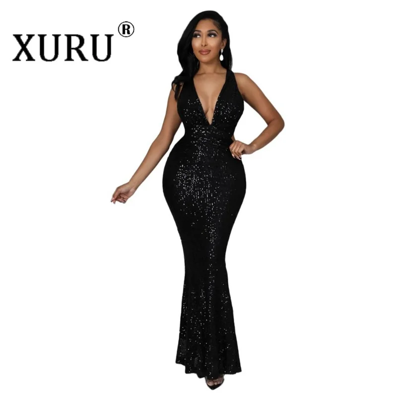 

XURU-sexy Nightclub Party Sequin V-neck Buttock Dress, Spring Hot New Black, Silver Dress 92A6034