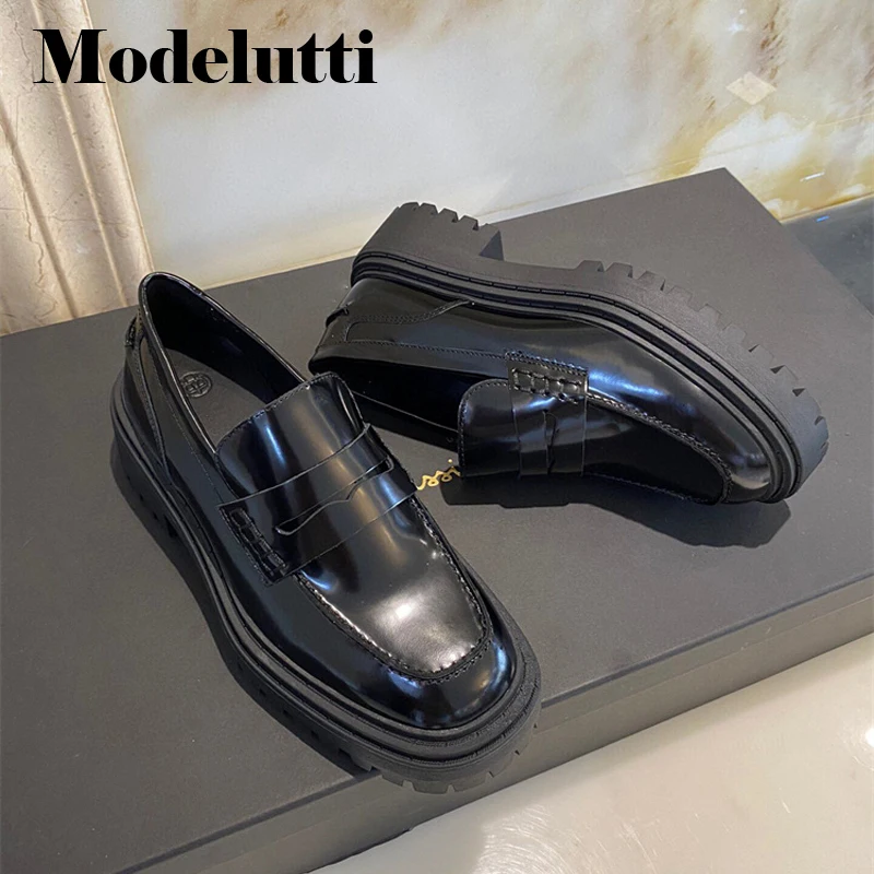 

Modelutti 2022 Autumn Winter England Style Simple Fashion Thick Sole Genuine Leather Slip-On Loafers Shoes Flat Shoes Women