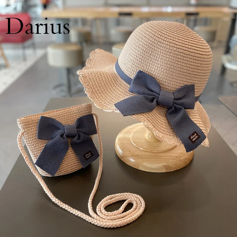 

Summer Baby Bow Breathable Hat Straw Hat with Handbag Bags Kids Hat Boy Girls Sun Visor UV Protection Panama Hat Gorras
