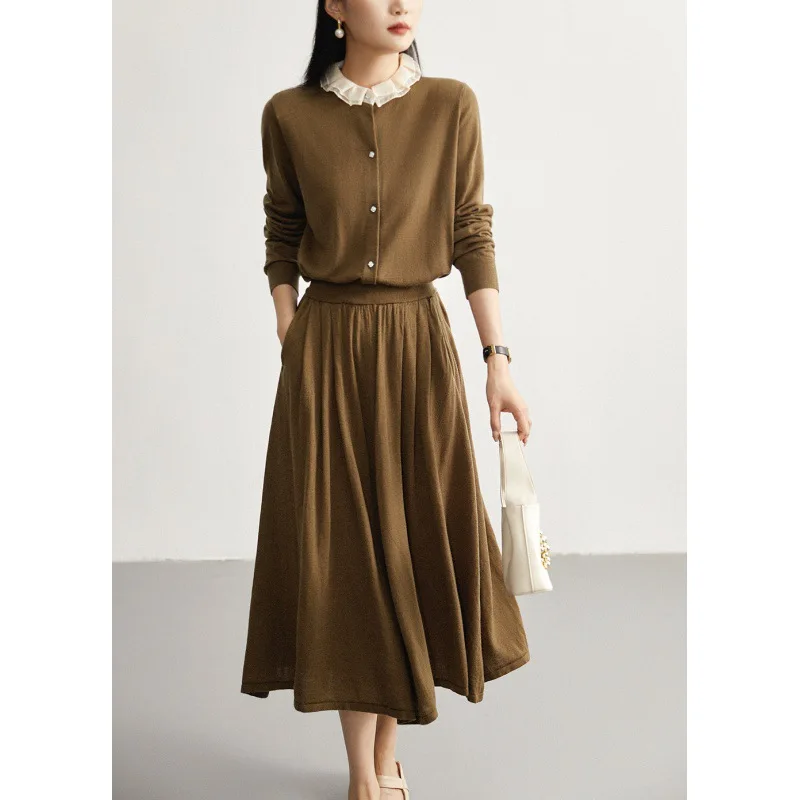 Женский вязаный кардиган с деревянным воротником-ушком длинная верхняя юбка