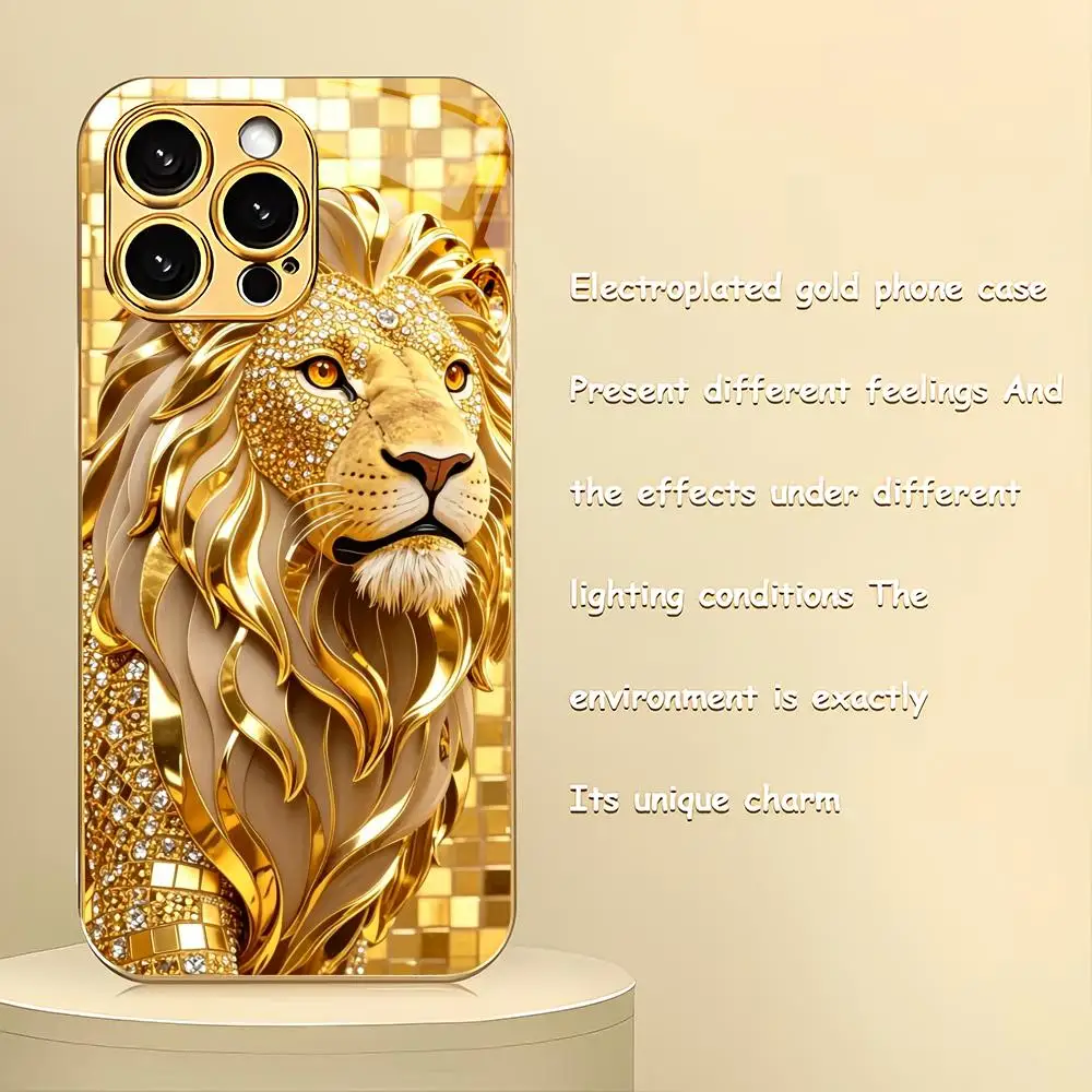Фото Металлический чехол для телефона Majestic Golden Lion из стекла с эффектом металлик, подходит для iPhone 17 16 15 14 13 12 11 Pro/Max/Plus, противоударная задняя крышка №1