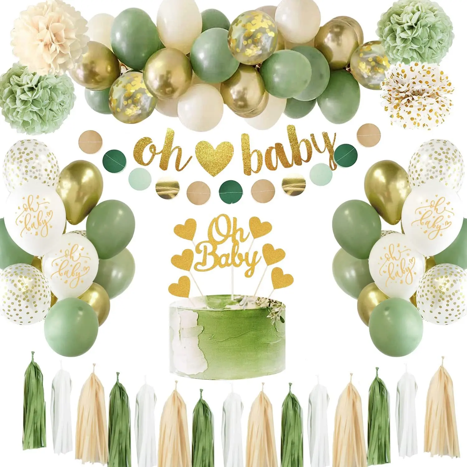 

New Avocado Bean Green Balloon Paper Flower Ball Set Baby Bath Decoration Birthday Pull Flag Tassel Set
