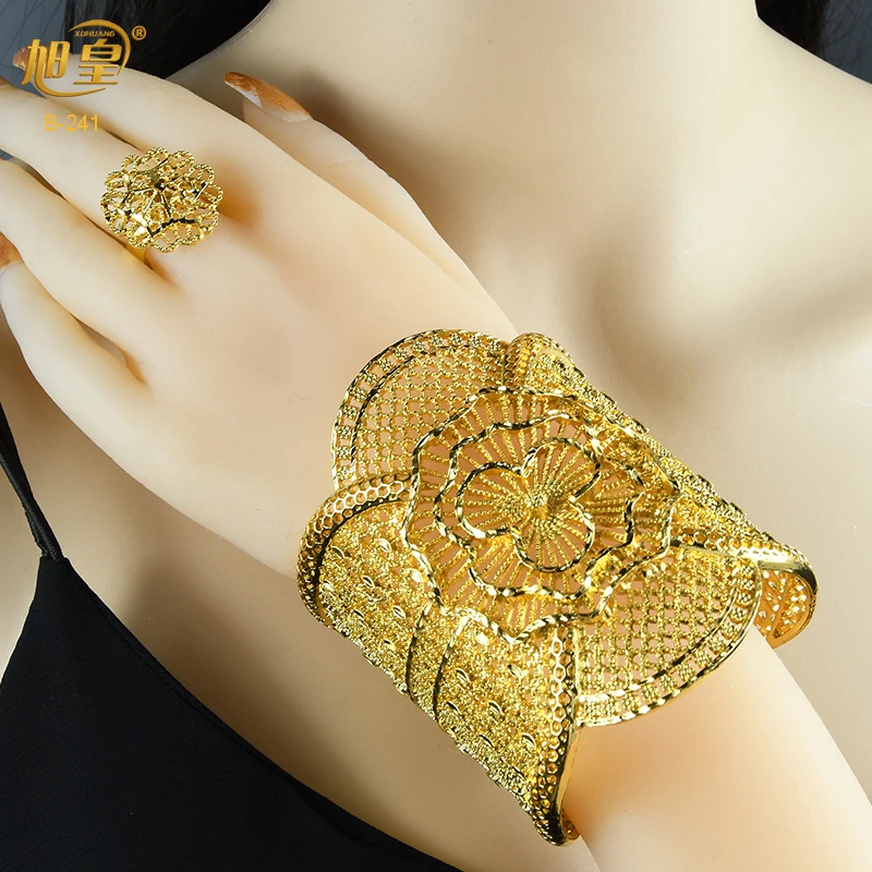

XUHUANG Ethiopian Gold Cuff Bangle With Ring Nigerian Wedding Bridal Copper Bracelet Jewelry Gift Arabic Hawaiian luxury Bangles