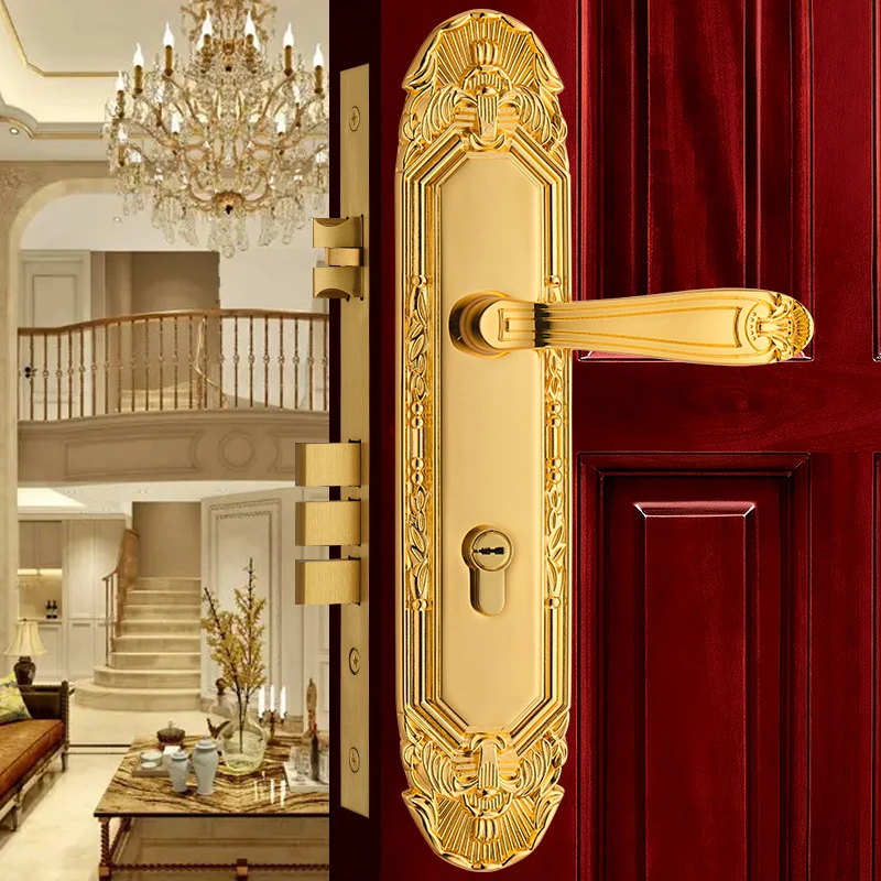 

Europen Golden Wood Door Handle Locks Solid Brass Gate Lock Entrance Door Lockset Rose Golden Villa Front Door Security Locksets