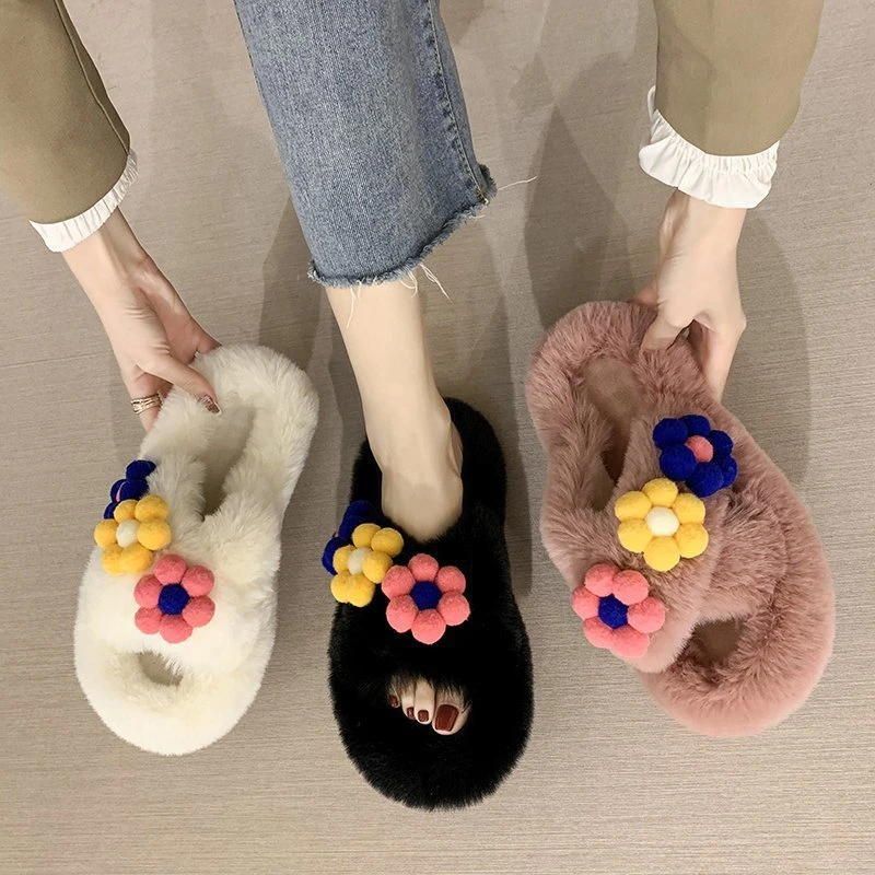 

Fashion Women Warm Faux Fur Slippers Fluffy Flower Decor Indoor House Slides Furry Ladies Flip Flops Cute House Slippers W93