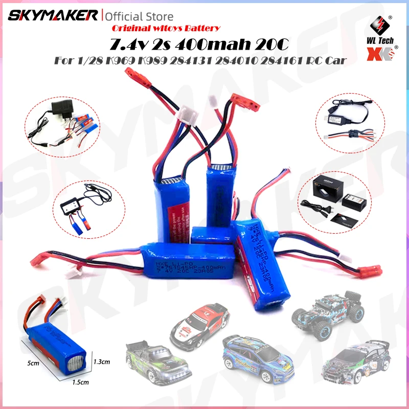 Wltoys оригинальный литий-полимерный аккумулятор 7,4 В 400 мАч 20C 1/28 RC автомобильный литий-полимерный аккумулятор для 284161 284010 284131 K969 K989 Запчасти 2S зарядное устройство