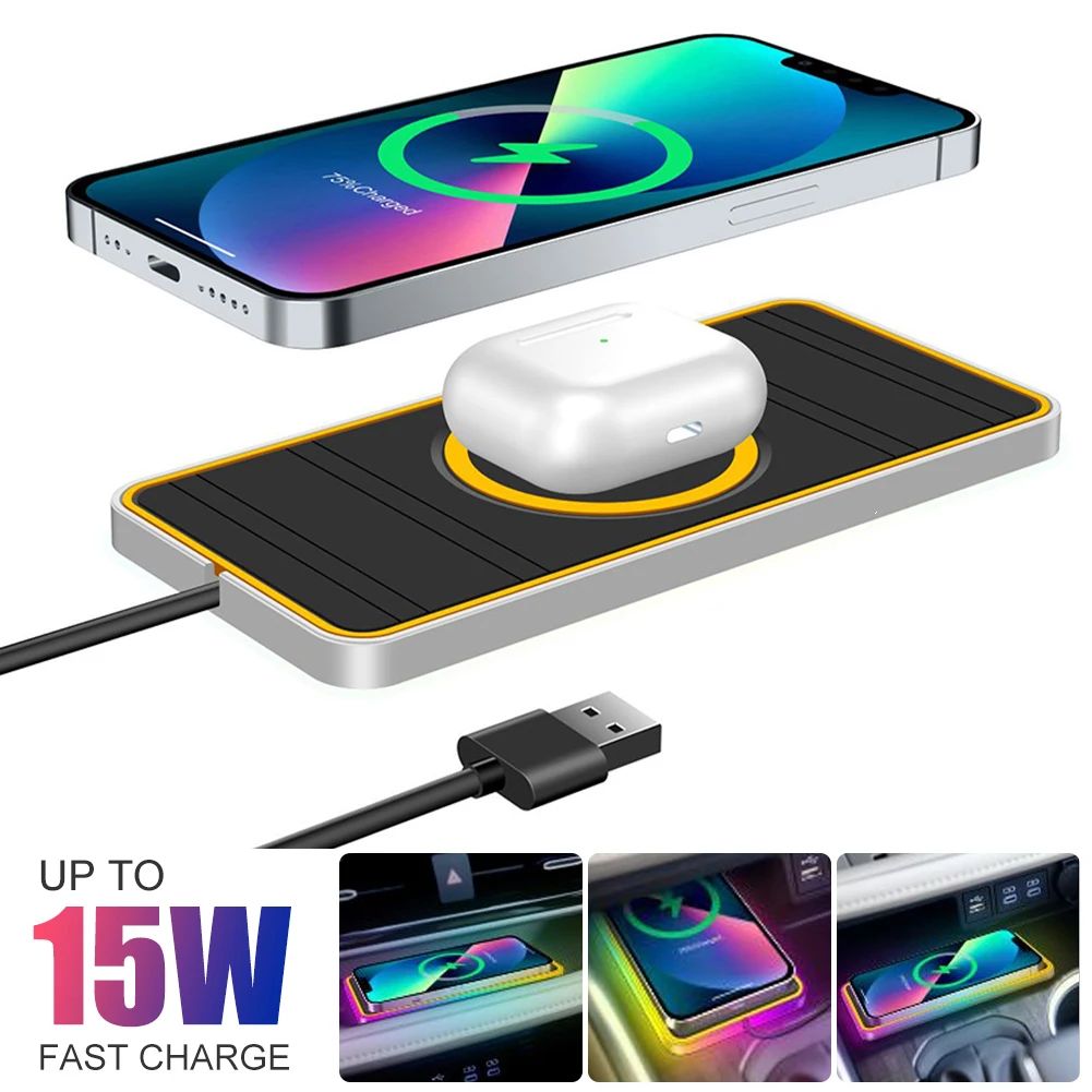 

Car Wireless Charger 15W Qi Fast Charging Pad Anti-skid Mat Holder with LED Atmosphere Light for iPhone 13 12 Samsung S22 S21