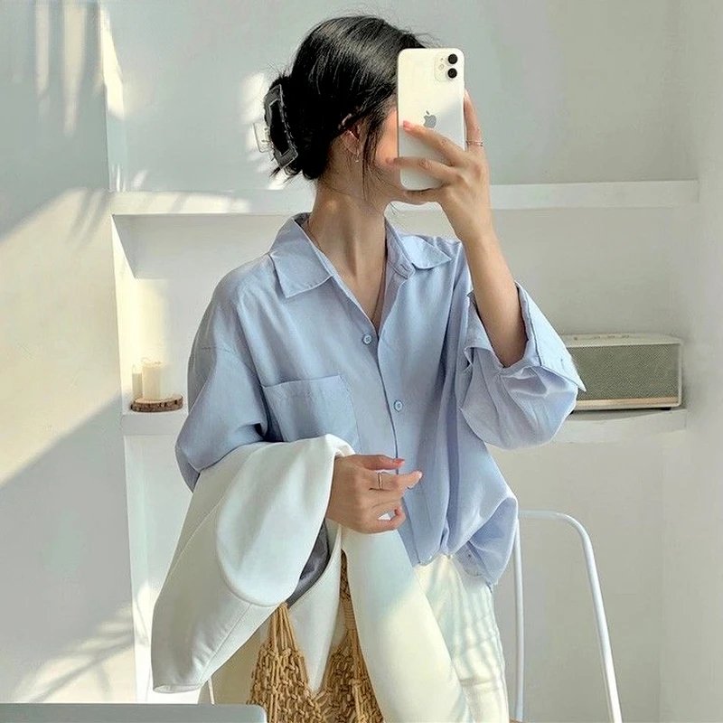 

DUOFAN Shirts Women All-match Blouses Tops Harajuku Solid Simple Office Lady Clothing Korean Breathable College Sweet Blusas