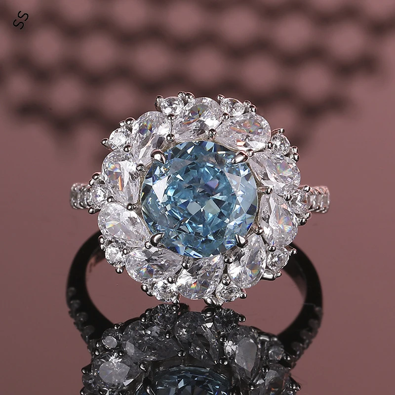 Round Shape Shiny Bling Women's Aquamarine Rings Ice Cut Crafts 925 Metal Circle for Gift