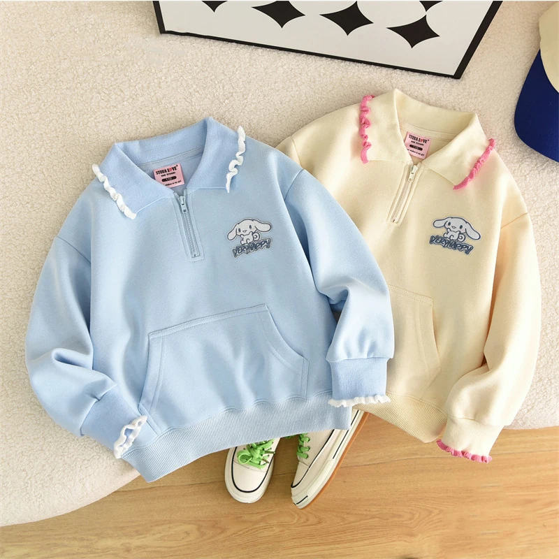 Kawaii Sanrios Anime Cinnamoroll Autumn New Embroidered Girls Sweater Cartoon Fashion Lace Bottom Shirt Zipper Pullover Clothing