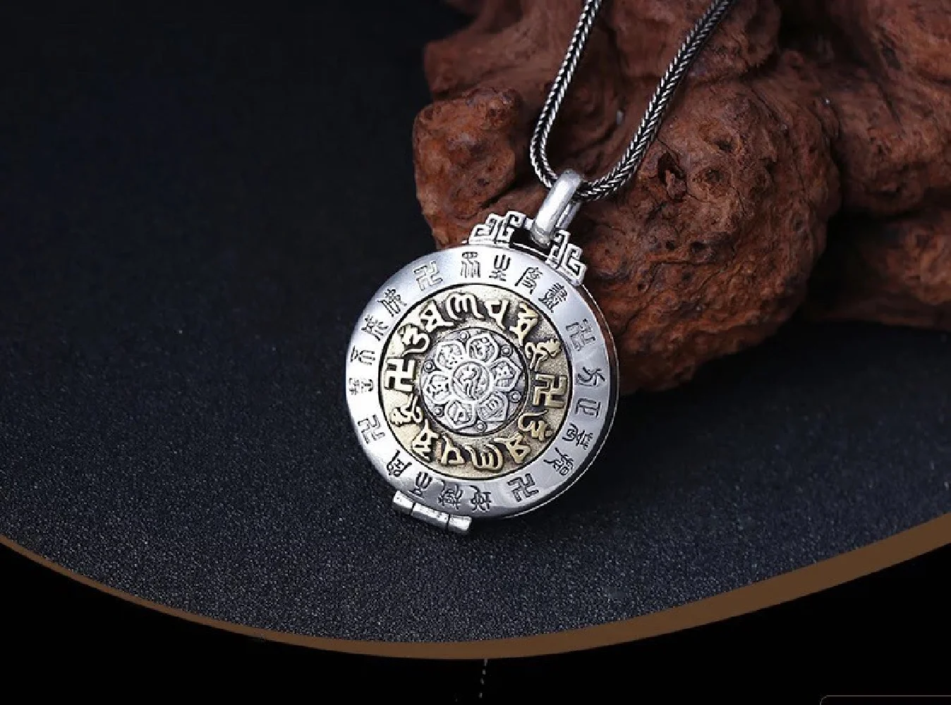 Подвеска-коробка Gawu с шестью символами вращающееся ожерелье из чистого серебра