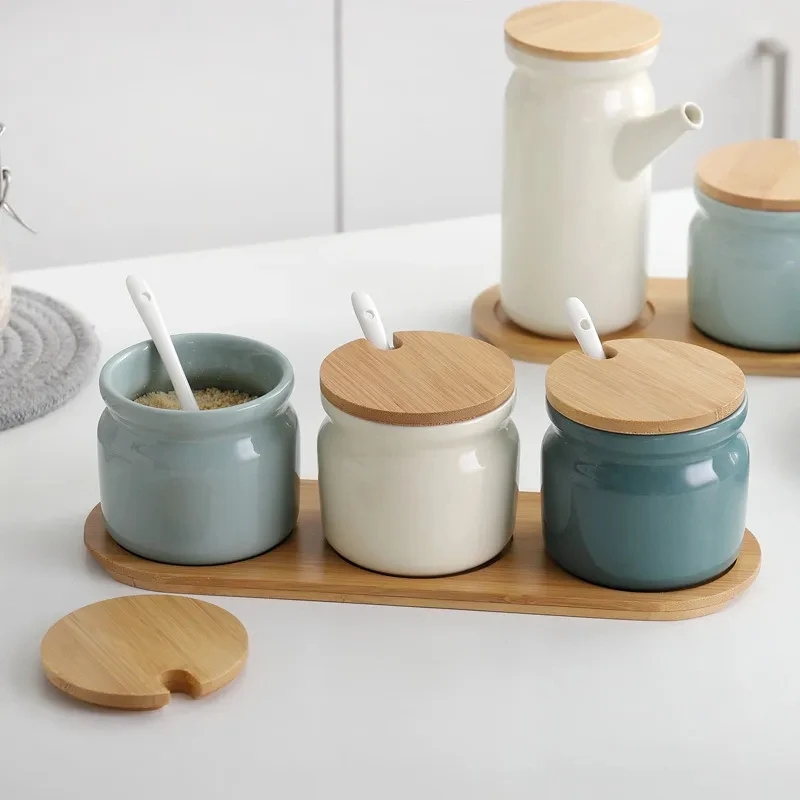 

Ceramic Spice Rack Salt Shaker And Pepper Shaker Oil Bottle Set Kitchen Household Supplies For Spices Storage Jar With Cover