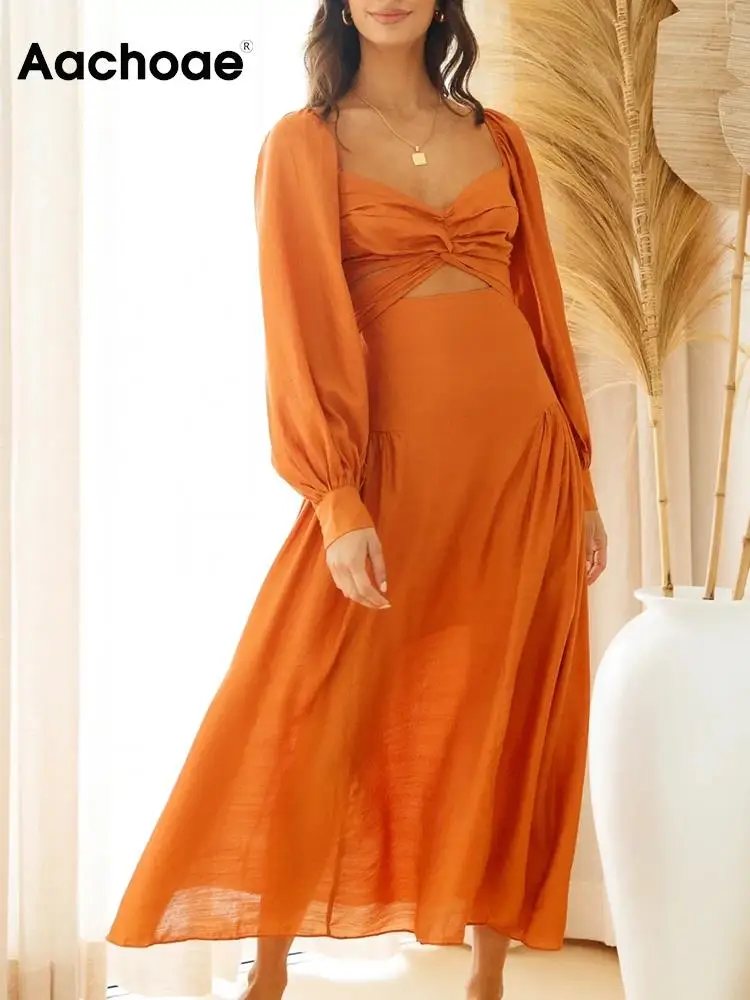 

Платье Aachoae женское с длинным рукавом, модное однотонное ажурное ТРАПЕЦИЕВИДНОЕ ПЛАТЬЕ С Длинным Рукавом