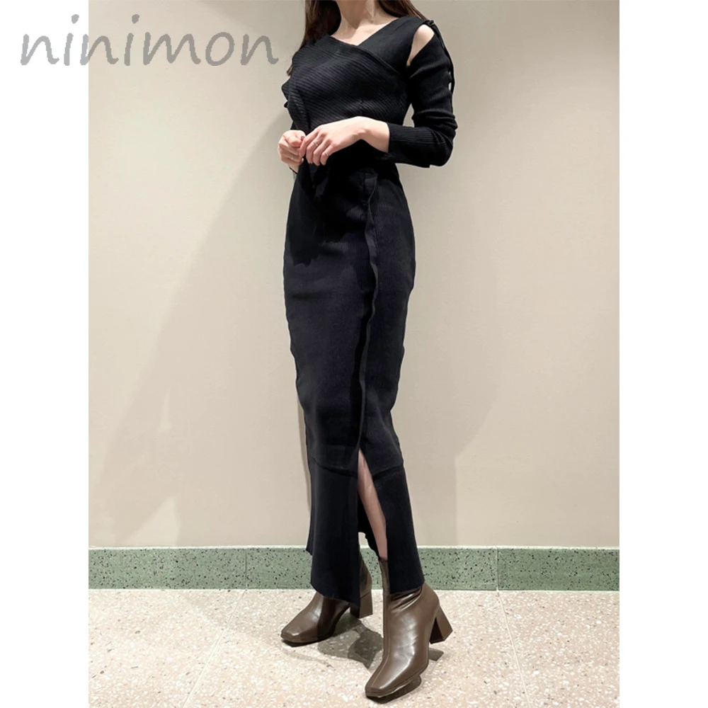 

NINIMON Women Slit Sweater Dress Cut-out Shoulders Long Sleeve Knit Dresses Slim Vintage Sexy Crossover V-neck Solid Midi Dress