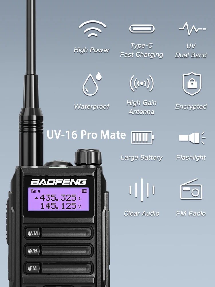 Фото Портативная рация Baofeng UV-16 Pro Mate, водостойкая, IP68, два диапазона, 136-174 и 400-520 МГц, FM, CB радио, 5 цветов, 2 упаковки №3