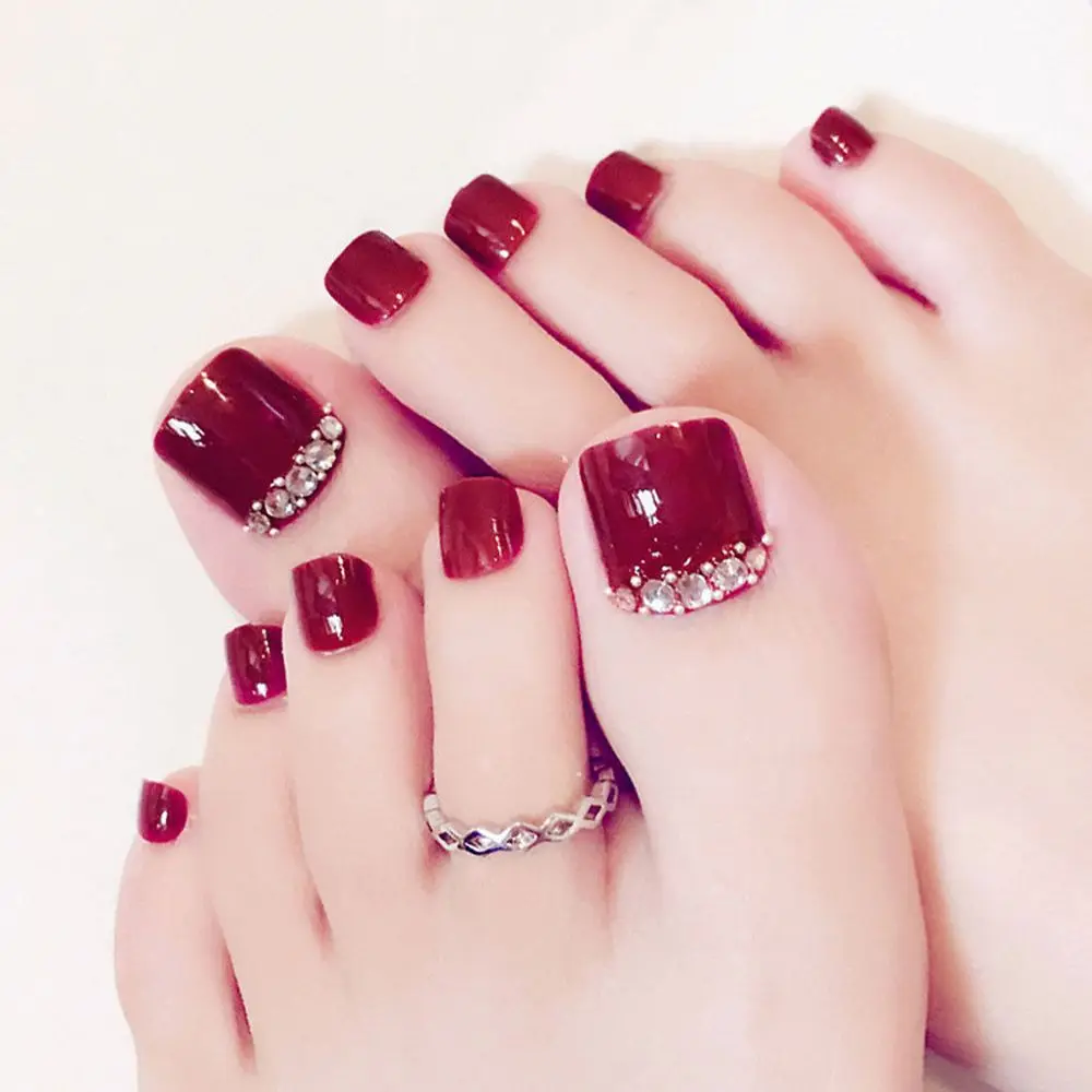 

24pcs Toe False Nail Red Rhinestone Art Tips Full Cover False Toe Fake Nails Manicure Tools Burgundy Same Style Toenails Hot