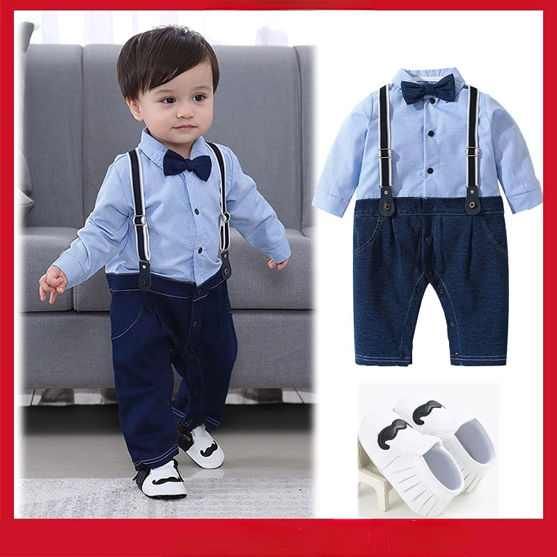 3-18months newborn baby clothes Infant Gentleman Suit Bodysuit for Boy Blue Romper Long Sleeved Jumpsuit Onesies Formal Costume