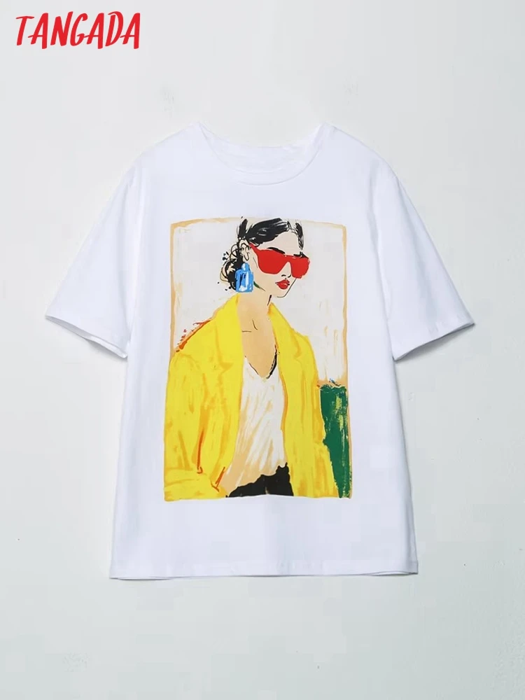 

Tangada 2022 Women Yellow Girl Print Cotton T Shirt Short Sleeve Tees Ladies Casual Tee Shirt Street Wear Top 6H89