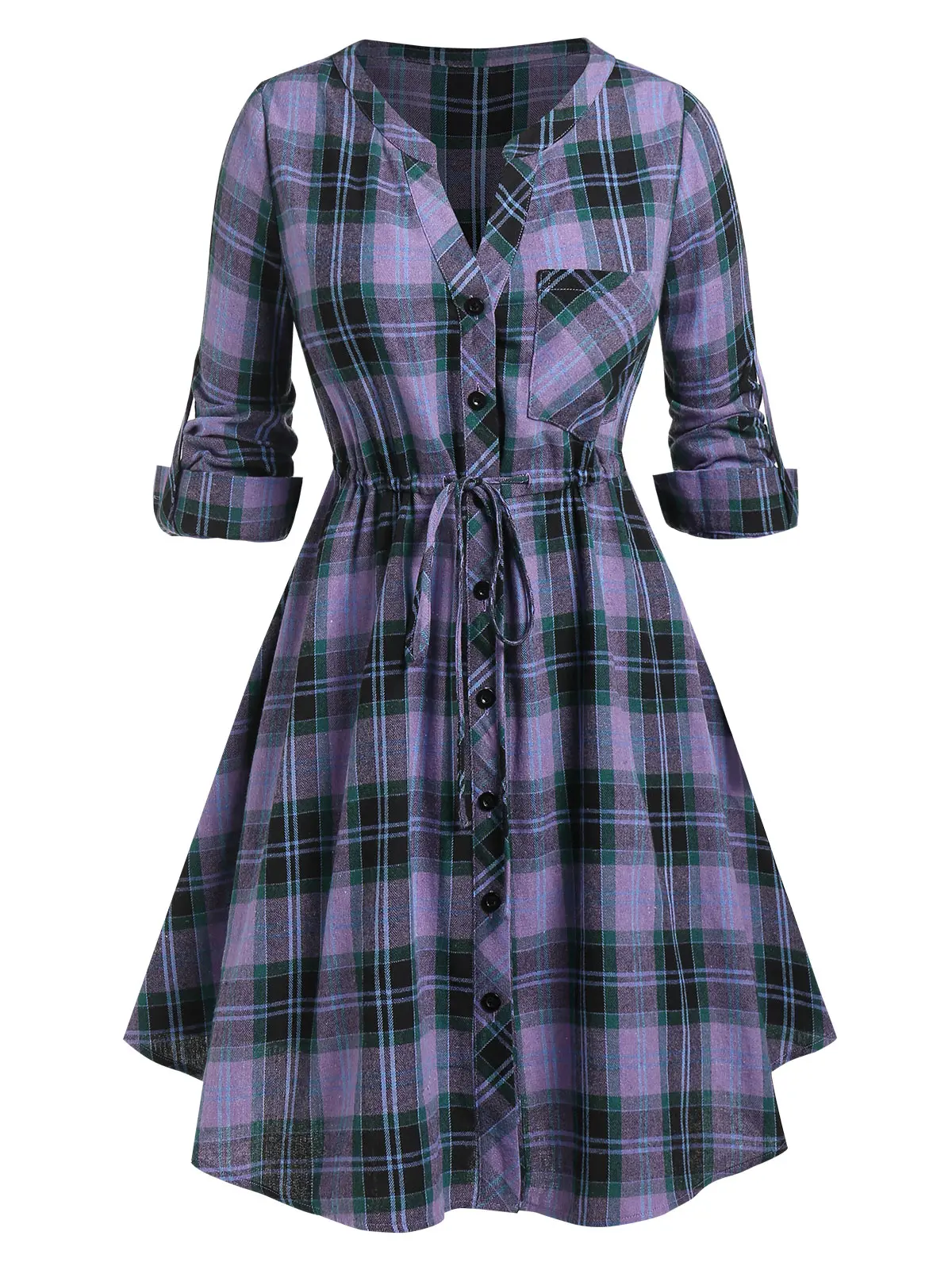 

Women's Sweatheard Neck Long Sleeve Print Plaid With Shirring Belt Asymmetric Hem Swing With Button Skirt Blouse Dress