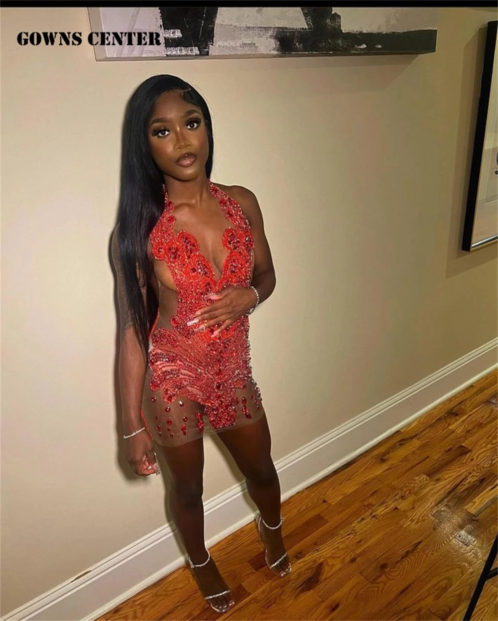 

Gala Red Crystal Beading Short Prom Dresses 2023 Black Girls Mini Cocktail Dress Sexy Birthday Party Dresses Halter Robe de bal