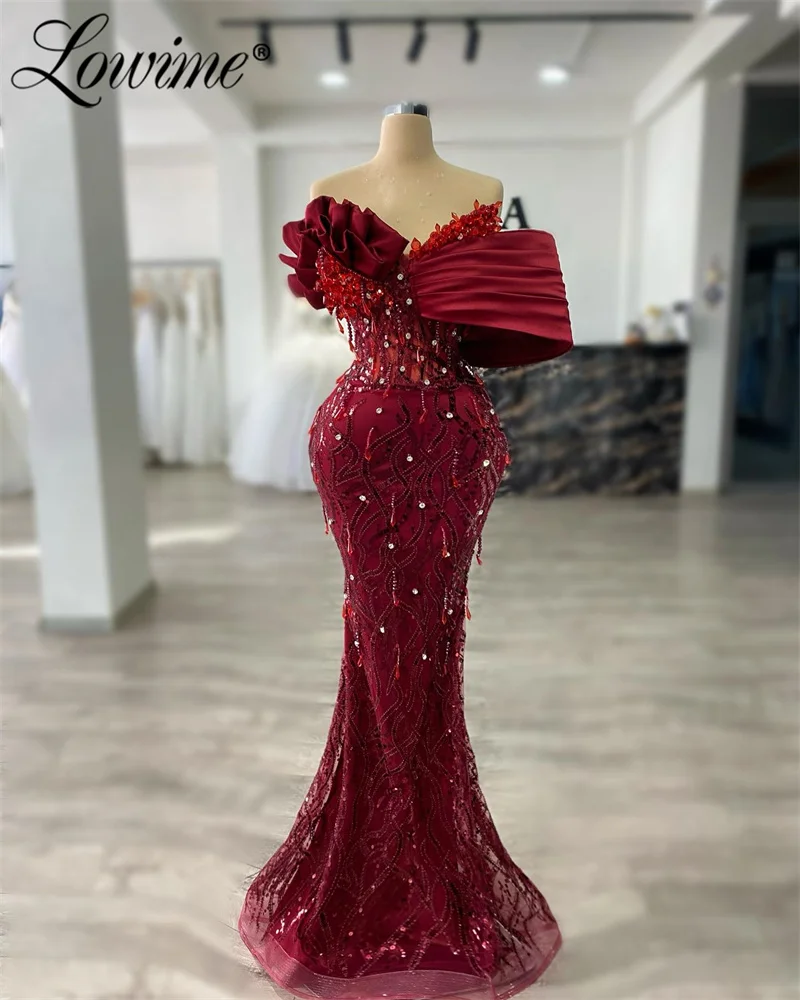 Customized Burgundy Mermaid Evening Dress Off The Shoulder Ruffles Crystals Dubai Woman Formal Party Dresses Vestidos De Fiesta