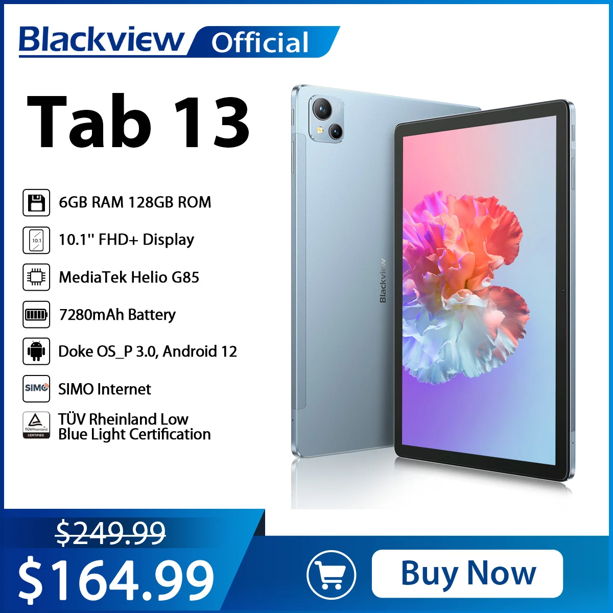 Blackview Tab 13 Tablet Helio G85 Octa Core 6GB+128GB SIMo Tablets Pad 7280mAh Android 12 10.1'' FHD+ Display 13MP Camera